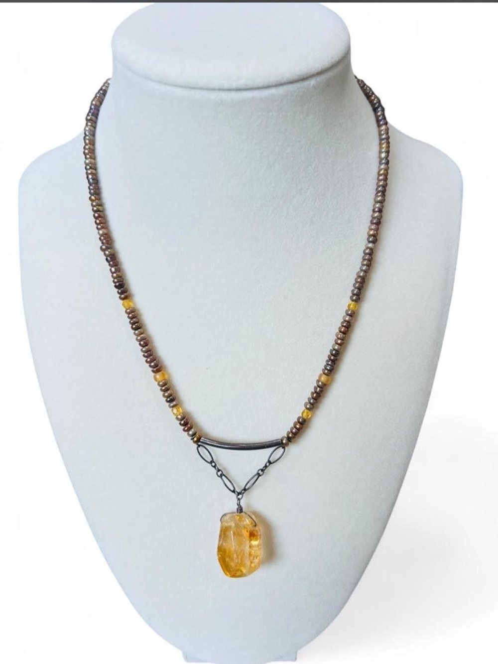 Vintage 1990s Orange Crystal Pendant Iridescent Beaded Artisan Necklace
